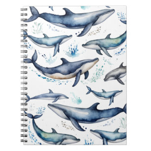 Watercolor Blue Whales and dolphins , sea animal Notebook