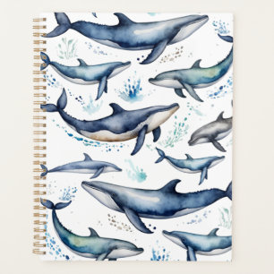 Watercolor Blue Whales and dolphins , sea animal Planner
