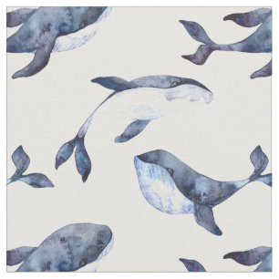 Watercolor Blue Whales Dive Undersea Fabric