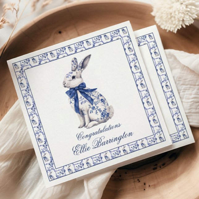 Watercolor Blue & White Chinoiserie Bunny Rabbit Napkin (Creator Uploaded)