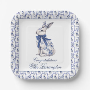 Watercolor Blue & White Chinoiserie Bunny Rabbit Paper Plate