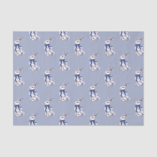 Watercolor Blue & White Chinoiserie Bunny Rabbit Tissue Paper (Front)