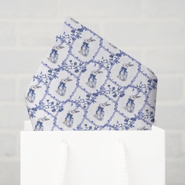 Watercolor Blue & White Chinoiserie Bunny Rabbit Tissue Paper (Gift Bag)