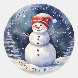 Watercolor Blue & White Custom Christmas Snowman Classic Round Sticker
