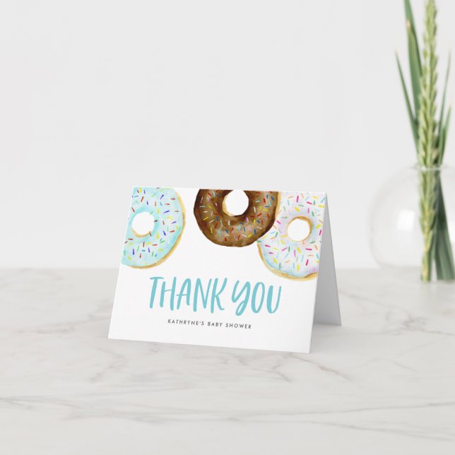 Watercolor Blue & White Doughnuts Baby Sprinkle Thank You Card (Front)