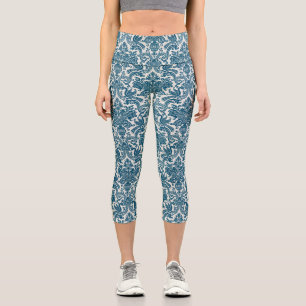 Watercolor Blue & White Floral Vintage Pattern Capri Leggings