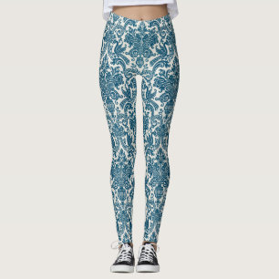 Watercolor Blue & White Floral Vintage Pattern Leggings