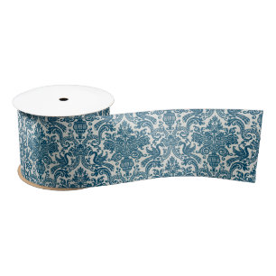 Watercolor Blue & White Floral Vintage Pattern Satin Ribbon