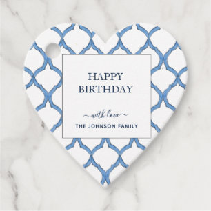 Watercolor Blue & white Heart Shape Happy Birthday Favour Tags