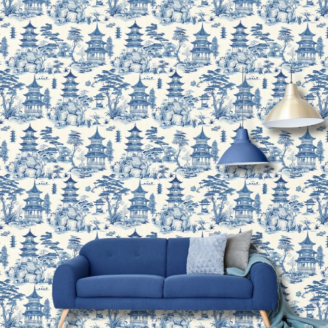  Watercolor Blue White Japanese Pagoda Landscape Wallpaper (Creator Uploaded)