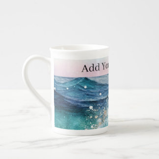 Watercolor Blue White Ocean Wave Custom Photo Name Bone China Mug