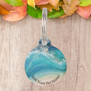 Watercolor Blue White Ocean Wave Custom Photo Name Pet Tag