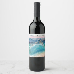 Watercolor Blue White Ocean Wave Custom Photo Name Wine Label