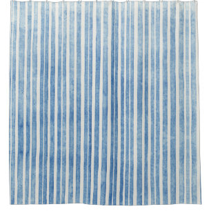 Watercolor Blue White Painted Striped Beach Decor Shower Curtain