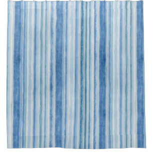 Watercolor Blue White Painted Striped Beach Decor Shower Curtain