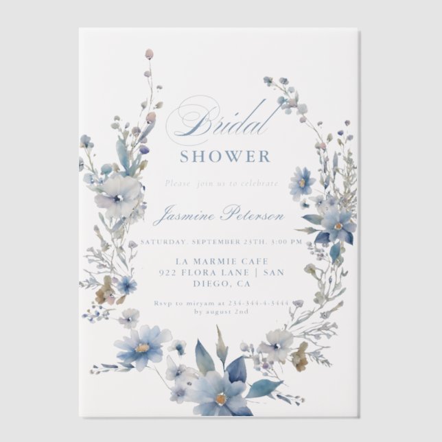 Watercolor Blue Wildflower Bridal Shower Vellum Invitations (Front)