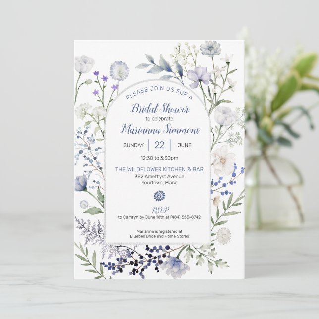 Watercolor Blue Wildflower Frame Bridal Shower Invitation (Standing Front)