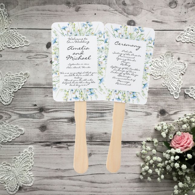 Watercolor Blue Wildflowers Wedding Program Hand Fan (Creator Uploaded)
