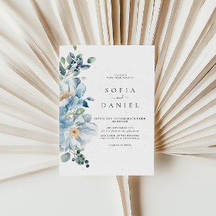 Watercolor Blue Winter Floral Snow Wedding Invitation