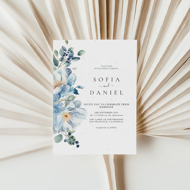 Watercolor Blue Winter Floral Snow Wedding Invitation (Creator Uploaded)