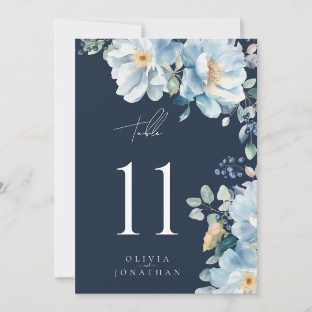 Watercolor Blue Winter Floral Wedding Table Number (Front)