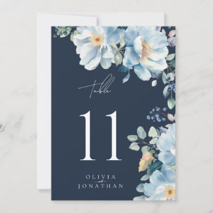 Watercolor Blue Winter Floral Wedding Table Number