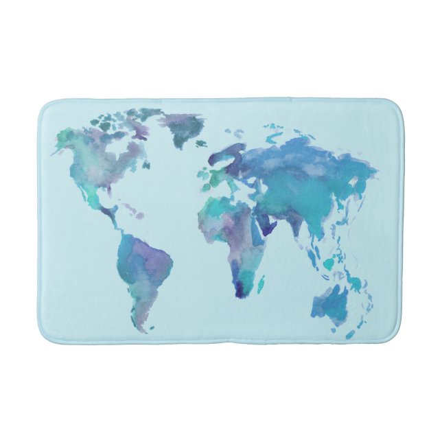 Watercolor Blue World Map Bath Mat (Front)