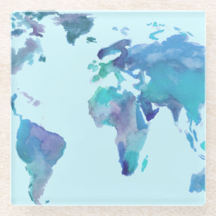 Watercolor Blue World Map Glass Coaster