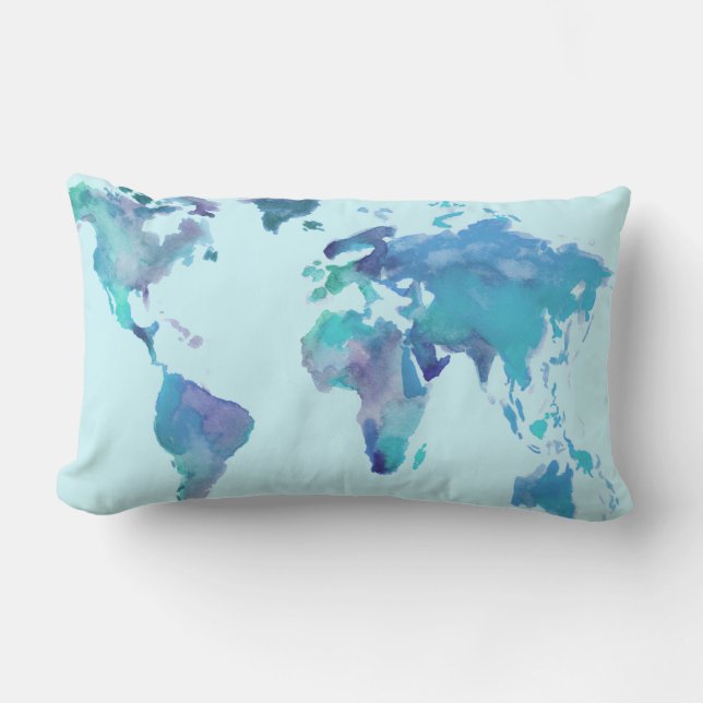Watercolor Blue World Map Lumbar Cushion (Front)