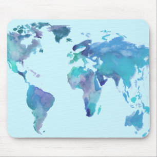 Watercolor Blue World Map Mouse Pad