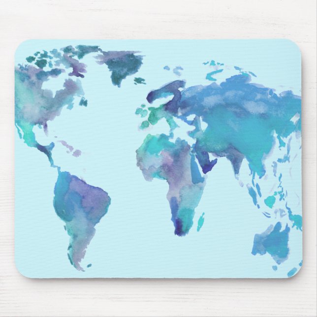 Watercolor Blue World Map Mouse Pad (Front)