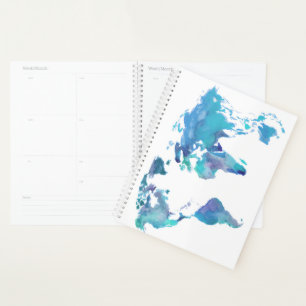 Watercolor Blue World Map Planner