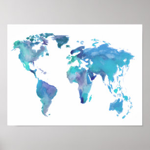 Watercolor Blue World Map Poster