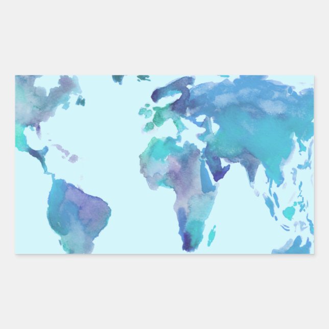 Watercolor Blue World Map Rectangular Sticker (Front)