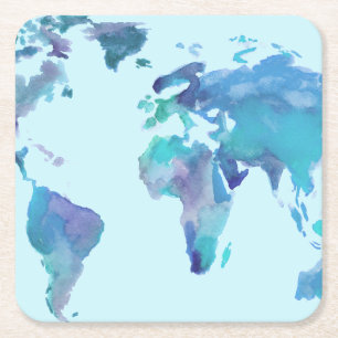 Watercolor Blue World Map Square Paper Coaster