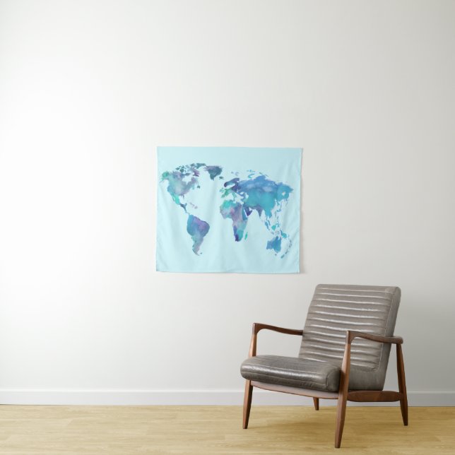 Watercolor Blue World Map Tapestry (In Situ (Horizontal))