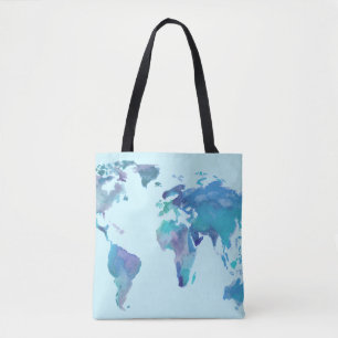 Watercolor Blue World Map Tote Bag