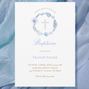 watercolor blue wreath Baptism Invitation