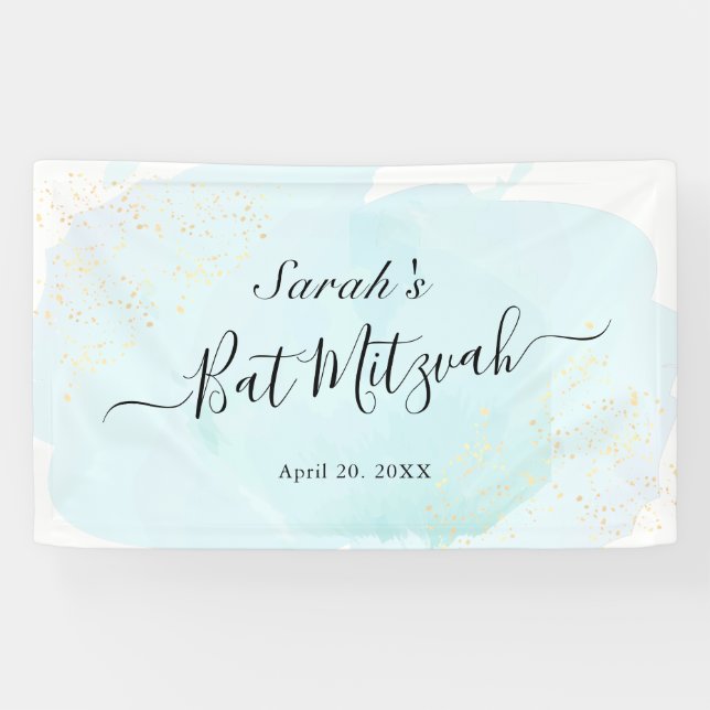 Watercolor Blue x Gold Bat Mitzvah Banner (Horizontal)