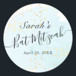 Watercolor Blue x Gold Bat Mitzvah Classic Round Sticker<br><div class="desc">This chic and elegant bat mitzvah sticker features a white background with turquoise blue brush strokes in watercolor and faux gold splatters. Personalise it for your needs. You can find more matching products at my store.</div>