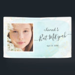 Watercolor Blue x Gold Photo Bat Mitzvah Banner<br><div class="desc">This chic and elegant photo banner features a white background with turquoise blue brush strokes in watercolor and faux gold splatters. Personalise it for your needs. You can find more matching products at my store.</div>