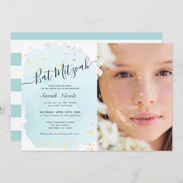 Watercolor Blue x Gold Photo Bat Mitzvah Invitation (Front/Back)