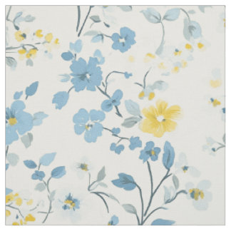 Watercolor Blue Yellow Cottage Floral Pattern Fabric