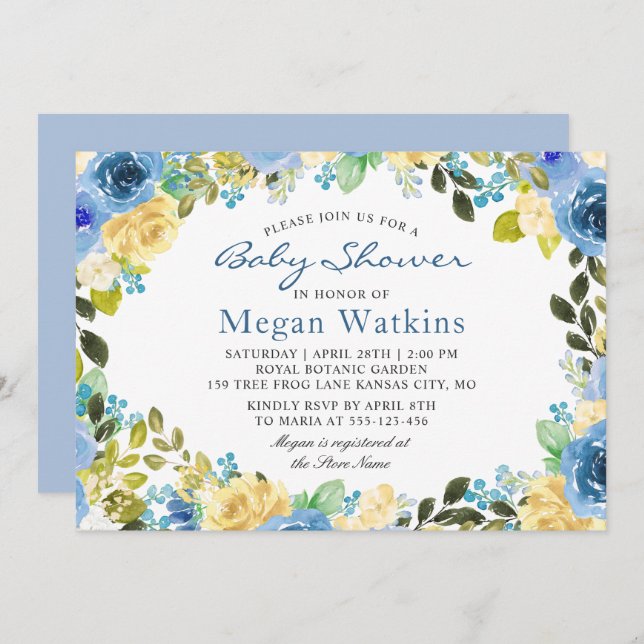 Watercolor Blue Yellow Flowers Baby Shower Invitation (Front/Back)