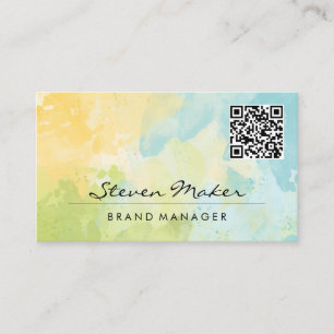 Watercolor Blue Yellow QR Code Business Card