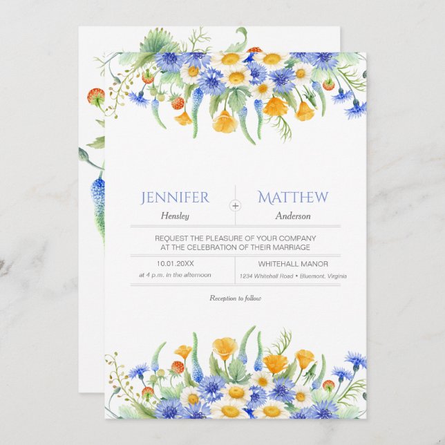 Watercolor Blue Yellow Wildflowers Invitations (Front/Back)