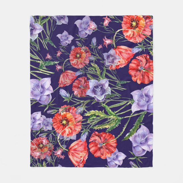 Watercolor Bluebell Poppy Array Fleece Blanket (Front)