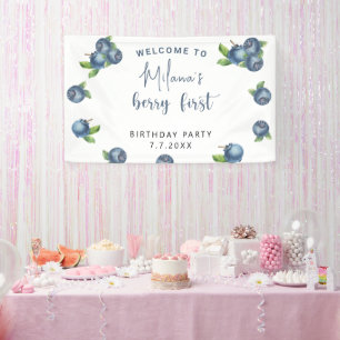 Watercolor blueberries 1st birthday party banner