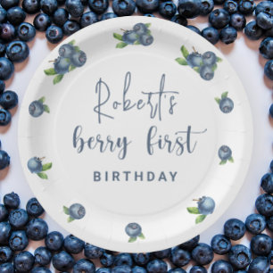 Watercolor blueberries 1st birthday party paper plate