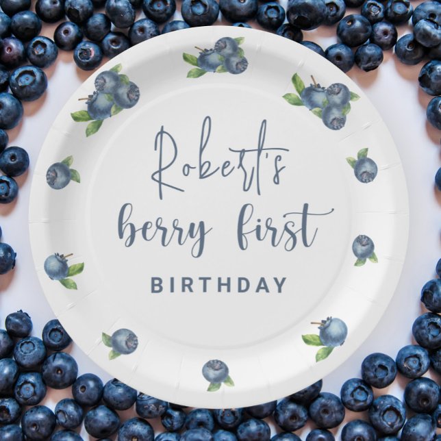 Watercolor blueberries 1st birthday party paper plate (Creator Uploaded)